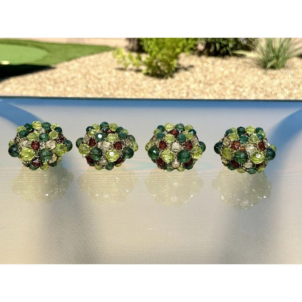Set Of 4 Pier 1 Imports Green and Amber Faux Crystal Beaded Napkin Rings Round